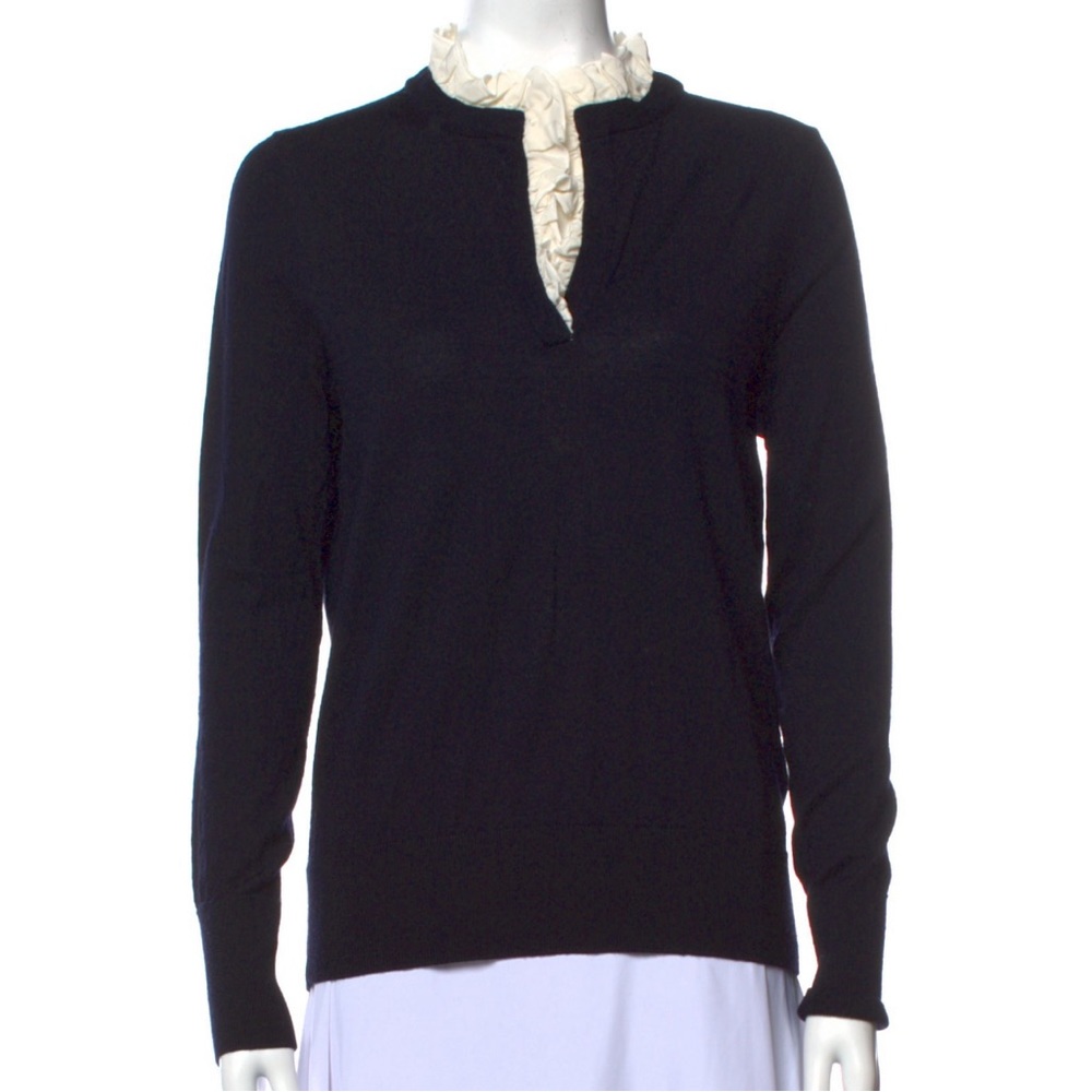 Sandro Paris Wool Silk Navy Designer Collar Long Sleeve Shirt Sweater Top-Size 3